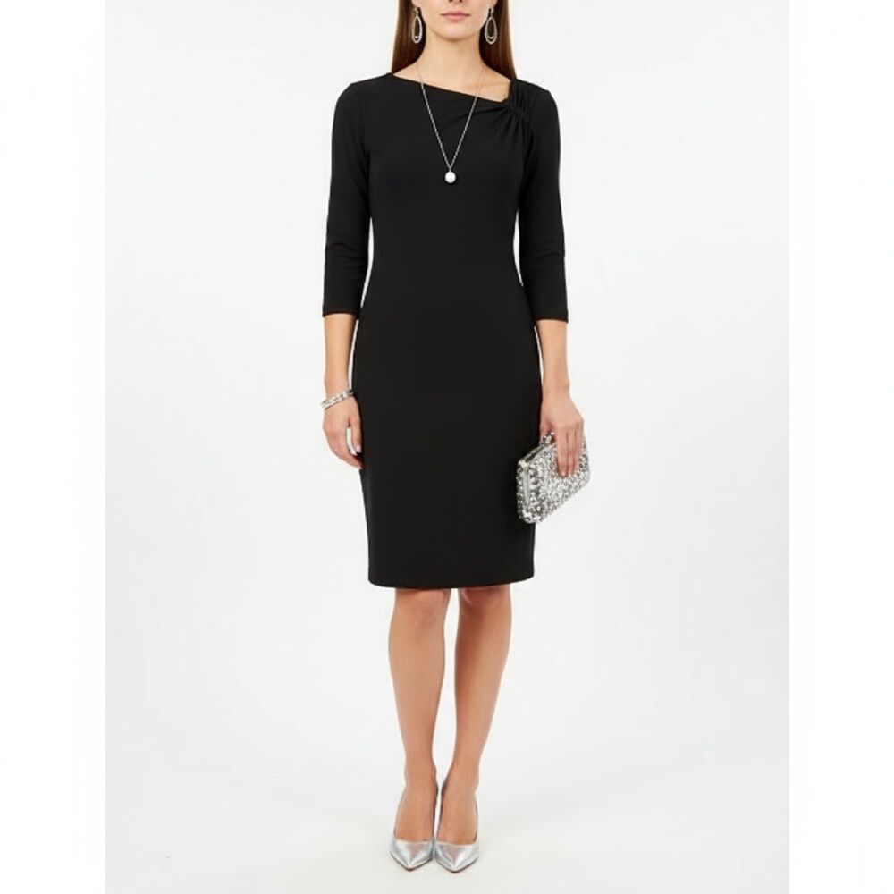 White House Black Market Long Sleeve Black Asymmetrical Neck Dress S